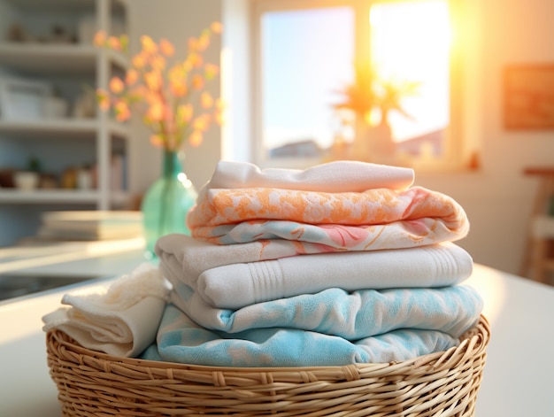 Stack of folded clean laundry in a wicker basket