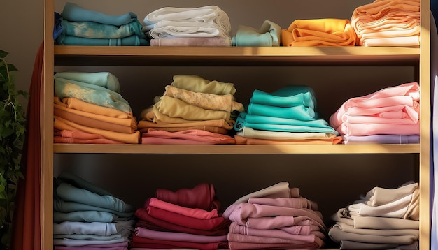 Stack of folded clothes in bright colors in closet