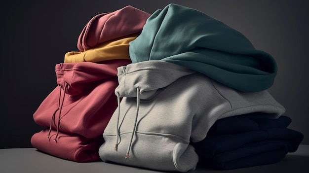 A stack of folded hoodies and sweatshirts in various designs