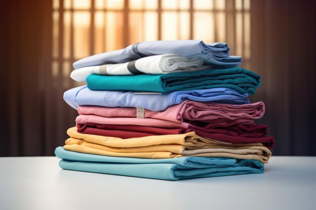 Stack of folded hospital gowns on a sterile surface