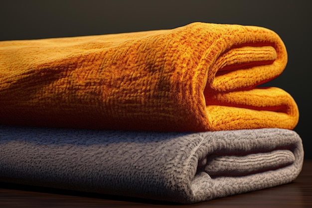 a stack of folded orange blankets with a gray background.