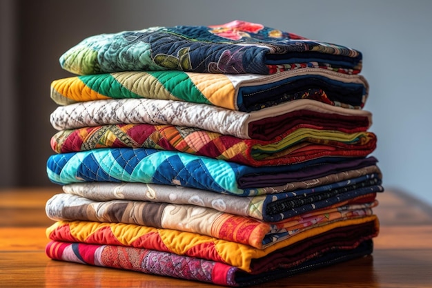 Stack of folded quilts showcasing various patterns created with generative ai