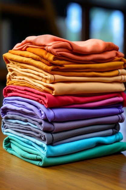 Stack of folded shirts sitting on top of wooden table Generative AI