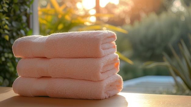 A stack of folded towels sitting on top of a table next to a window with the sun shining through the