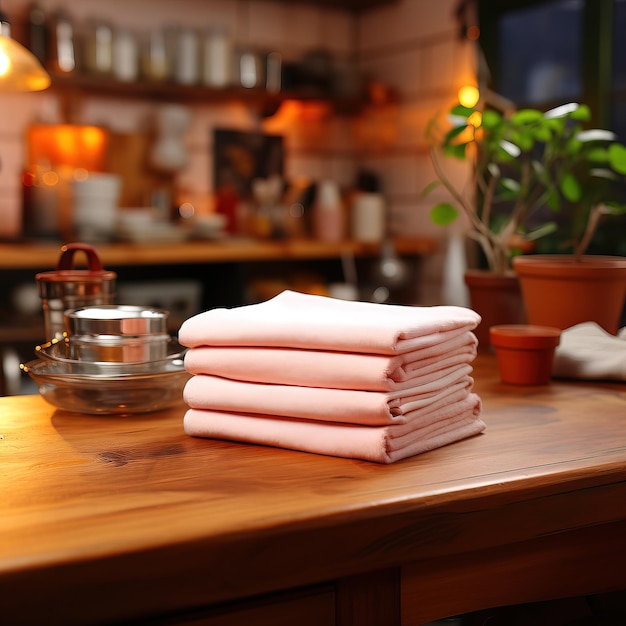 a stack of folded towels on a table with a potted plant in the background