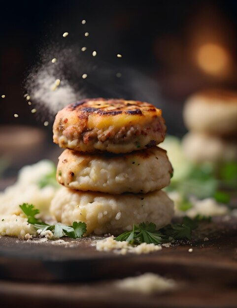 a stack of food with a cloud of spices on top of it