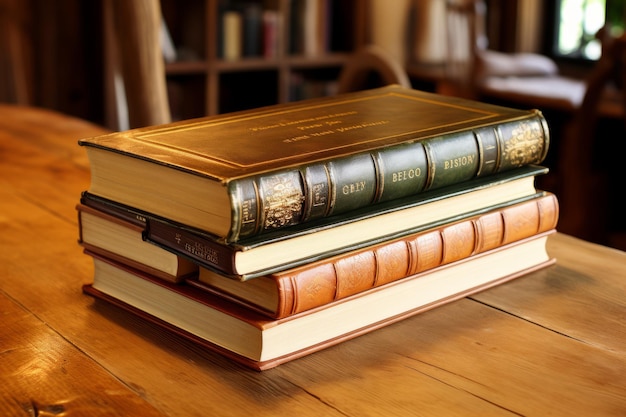 A stack of four old books on a wooden table