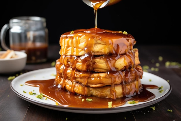 Stack of french toast with syrup drizzle