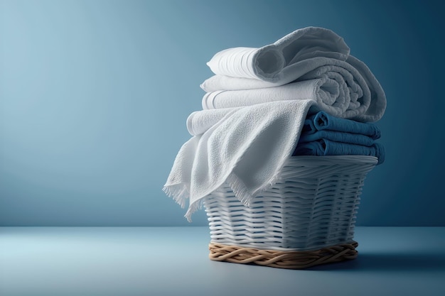 Stack of fresh clean towels in the wicker basket on the table AI generation