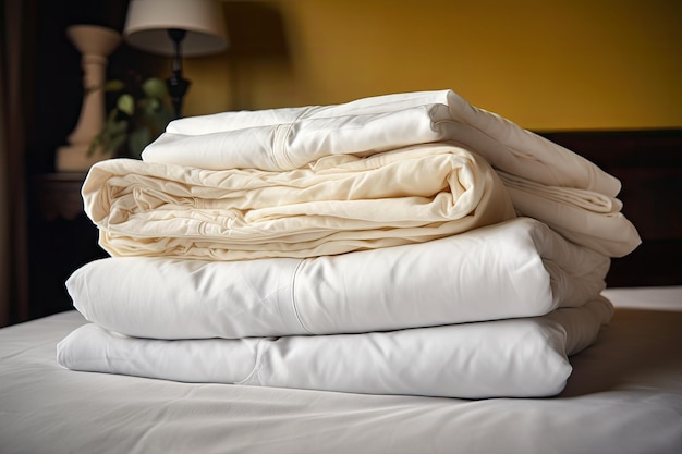 Стопка свежего постельного белья, готовая к использованию в гостевой комнате или отеле, созданная с помощью генеративного ИИ