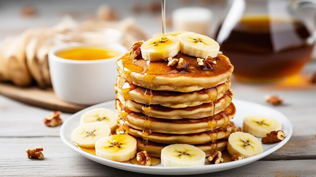 Stack of fresh oatmeal banana pancakes