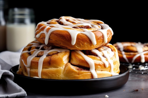 Stack of freshly baked cinnamon buns drizzled with icing and sprinkled with cinnamon