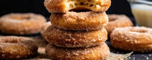 A stack of freshly baked cinnamon sugar donuts their pillowy texture coated in a thick layer of cinnamoninfused sugar