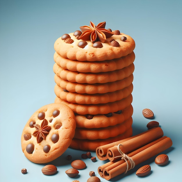 Photo a stack of freshly baked cookies cools isolated on a plain sky blue background tempting with warmt