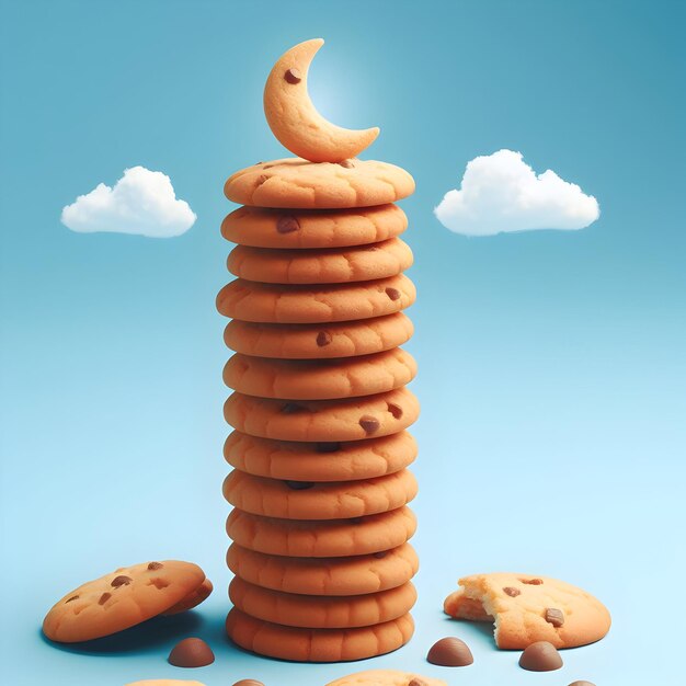 Photo a stack of freshly baked cookies cools isolated on a plain sky blue background tempting with warmt