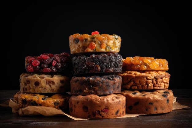 Stack of freshly baked fruitcakes with different fillings and toppings created with generative ai