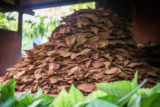 Stack of freshly cut tobacco leaves ready for rolling created with generative ai