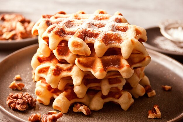 Stack of freshly homemade baked waffles on the plate