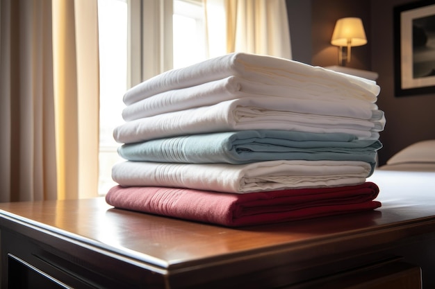 Stack of freshly laundered towels ready for guests in boutique hotel created with generative ai