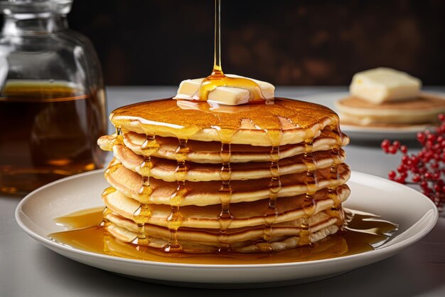 A stack of freshly made pancakes with butter and syrup