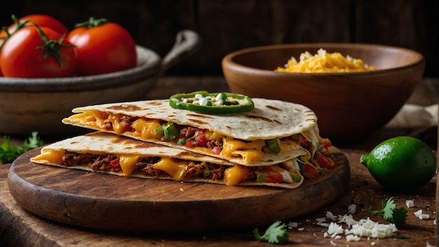 A stack of freshly prepared quesadillas on a rustic wooden cutting board showcasing the intricate l