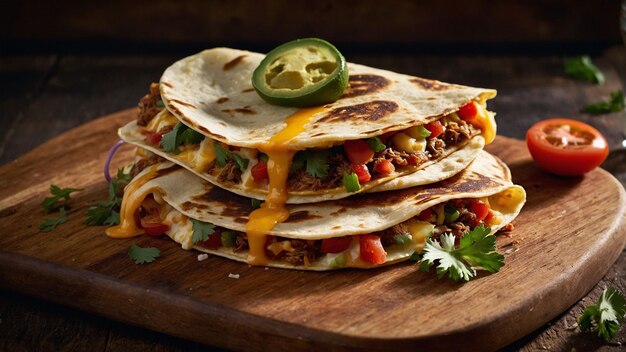 A stack of freshly prepared quesadillas on a rustic wooden cutting board showcasing the intricate l