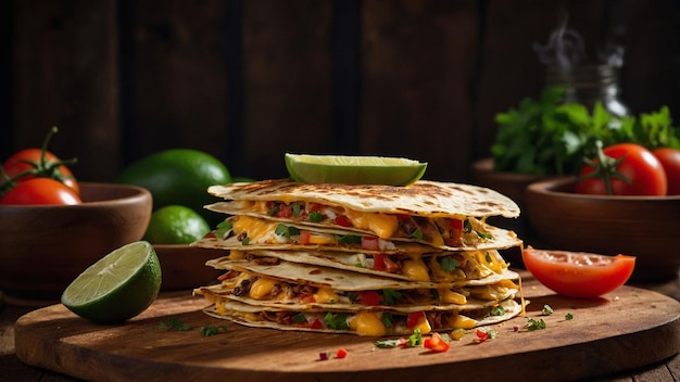 A stack of freshly prepared quesadillas on a rustic wooden cutting board showcasing the intricate