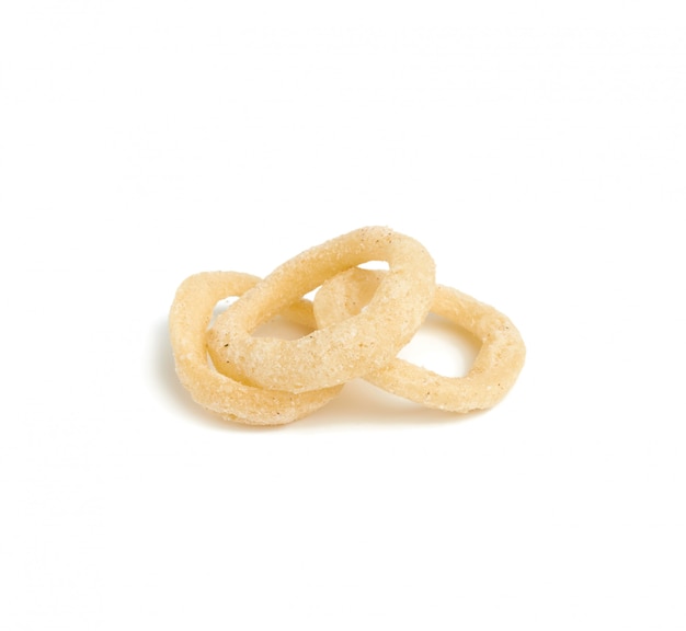 Stack of fried onion rings isolated on a white background