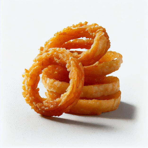 Stack of fried onion rings on white background