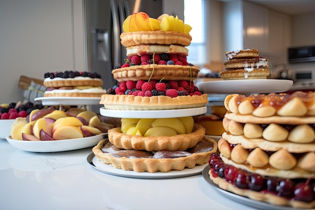 Stack of fruit pies and tarts ready to be enjoyed by friends and family created with generative ai