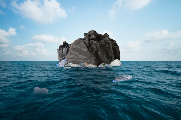 Stack of Garbage bag and Plastic pollution in ocean