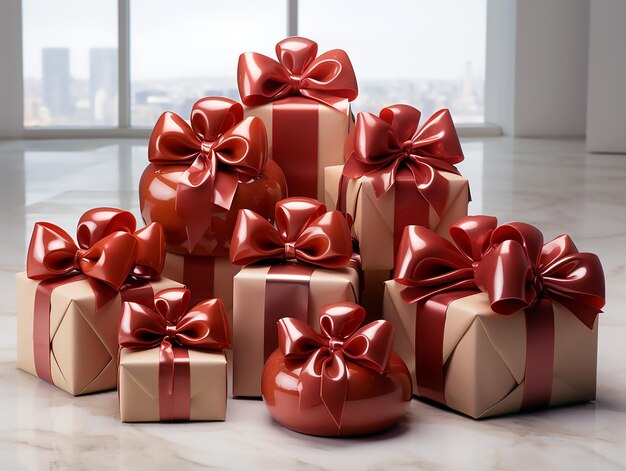 a stack of gift boxes with red bows on them.