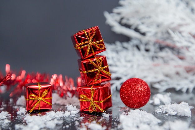 stack of gifts on a gray background. new year theme