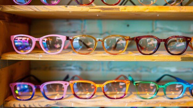 A stack of glasses on a wooden shelf with each pair showcasing a different shape and color some have