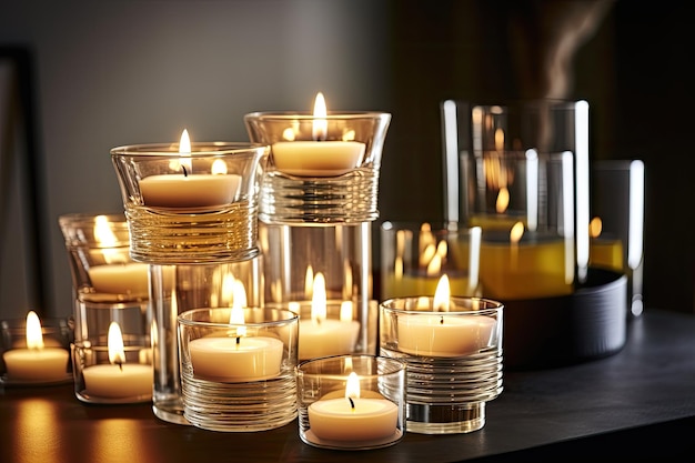 Stack of glassware with scented candles burning inside