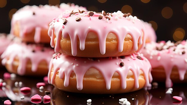 Foto una pila di ciambelle glassate con glassa rosa su sfondo rosa