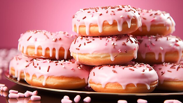 A stack of glazed donuts with pink icing on pink background