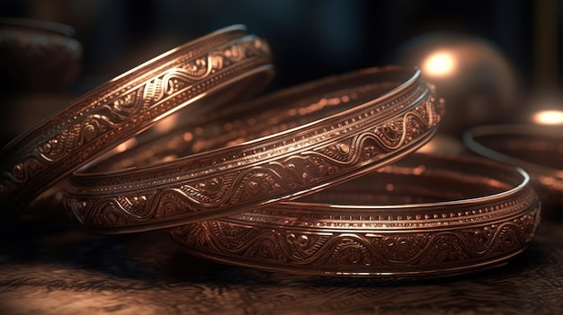 A stack of gold bangles on a table