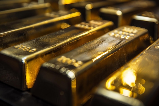 Photo stack of gold bars glowing in light with ai generated