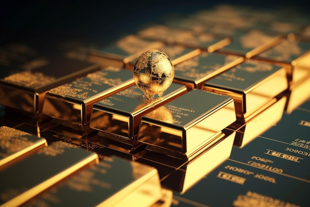 Stack of gold bars on a wooden table shallow depth of field