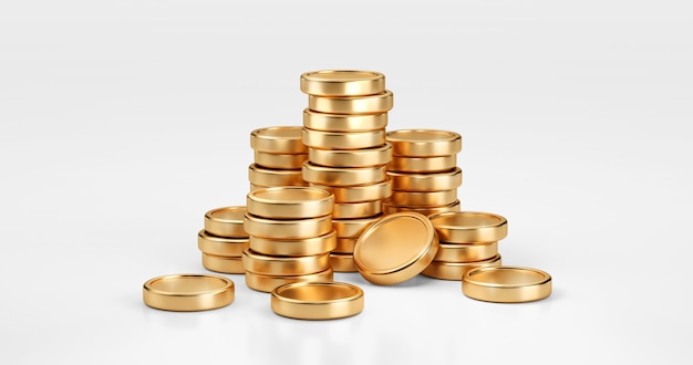 Stack of gold coin currency market financial or investment money banking treasure wealth cash and golden dollar pile isolated on white economy background with business earnings profit sign. 3D render.