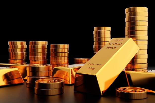 Pila di monete d'oro e lingotti d'oro o lingotto d'oro, concetto bancario e finanziario, rendering 3d