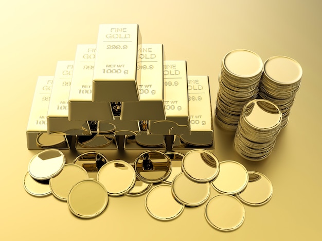 Stack of gold coins and bullions on gold background
