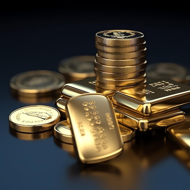 A stack of gold coins and gold bars