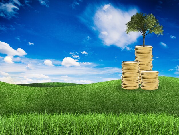 Stack of gold coins growing with tree