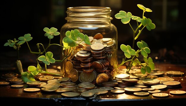 A stack of gold coins grows wealth on nature table generated by artificial intelligence