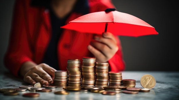 A stack of gold coins protected by a red umbrella in the hand of a person Created with Generative AI technology