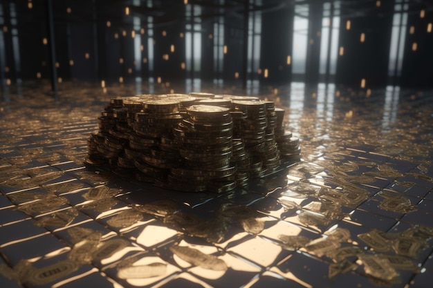 A stack of gold coins sits on a dark floor.