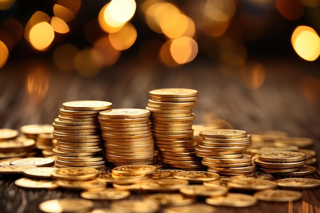 a stack of gold coins surrounded by bokeh