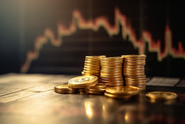 A stack of gold coins on a table with a chart in the background